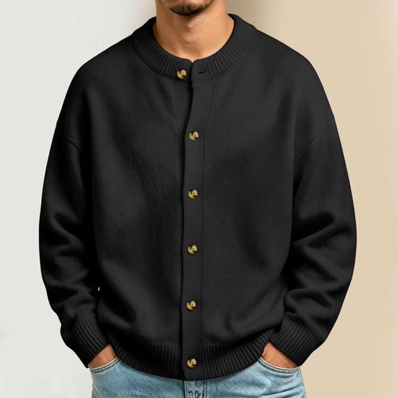 Mens Cardigan Sweaters Crew Neck Button Front Soft Knit Pullover Drop Shoulder Long Sleeve Loose Fit Casual Outerwear Tops