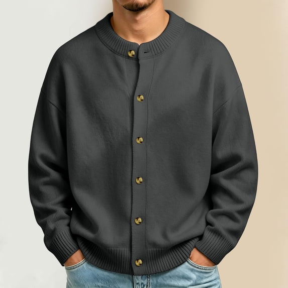 Mens Cardigan Sweaters Crew Neck Button Front Soft Knit Pullover Drop Shoulder Long Sleeve Loose Fit Casual Outerwear Tops