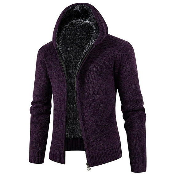 Mens Cardigan Sweaters Fleece Thick Zip Up Hooded Knit Mens Workout Jacket,Purple,XL