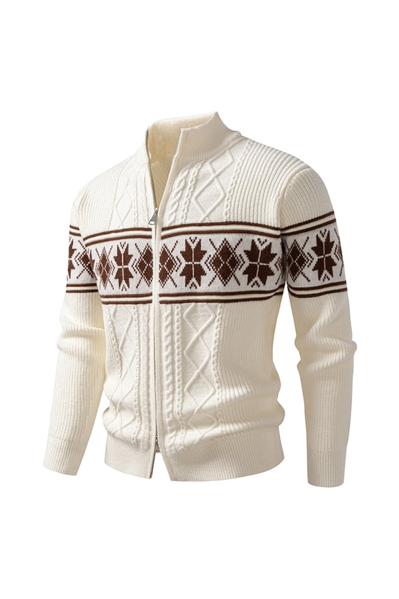 Mens Cardigan Sweaters Jacquard Knit Stand Collar Textured Pattern Mens Warm Jackets,Beige,2XL