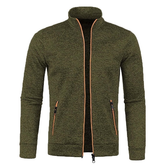 Mens Cardigan Sweaters With Pockets Autumn Winter Full Zip Fleece Lined Knit Sweater Jacket Stand Collar Long Sleeve Casual Lightweight Fleece Lined Cardigan With Zipper 4XL Army Green