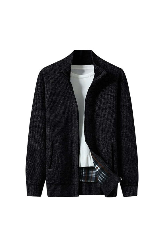 Mens Cardigan Sweaters Zipper Solid Color Pockets High Neck Thickened Knit Mens Outdoor Clothing,Black,L