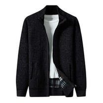 Mens Cardigan Sweaters Zipper Solid Color Pockets High Neck Thickened Knit Mens Outdoor Clothing,Black,L