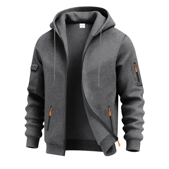 Mens Cargo Full Zip Hoodie Drawstring Zipper Pockets Jackets Fleeced Fall Winter Outdoor Sweatshirt Dark Gray M