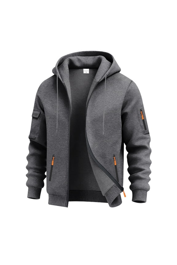 Mens Cargo Full Zip Hoodie Drawstring Zipper Pockets Jackets Fleeced Fall Winter Outdoor Sweatshirt Dark Gray M