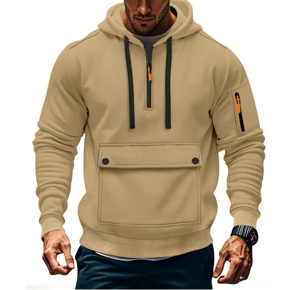 Mens Cargo Hoodies with Zipper and Front Pocket Pullover Fleece Lined Sweatshirts Long Sleeve Solid Color Thermal Warm Athletic Workout Hooded Tops