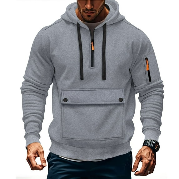 Mens Cargo Hoodies with Zipper and Front Pocket Pullover Fleece Lined Sweatshirts Long Sleeve Solid Color Thermal Warm Athletic Workout Hooded Tops