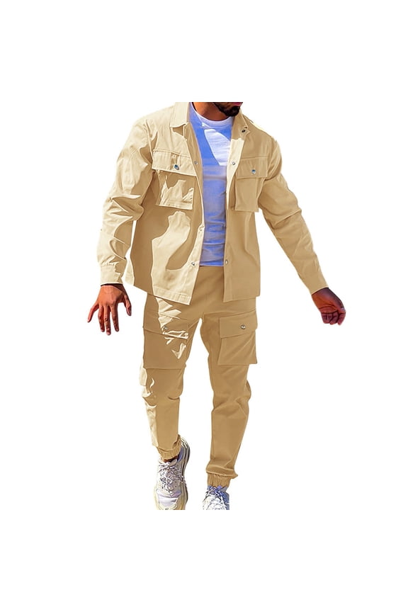 Mens Cargo Jacket Track Suit 2 Pieces Set Outfits Casual Multi Pockets Long Sleeve Button Up Jacket And Cargo Pants Set Brown S