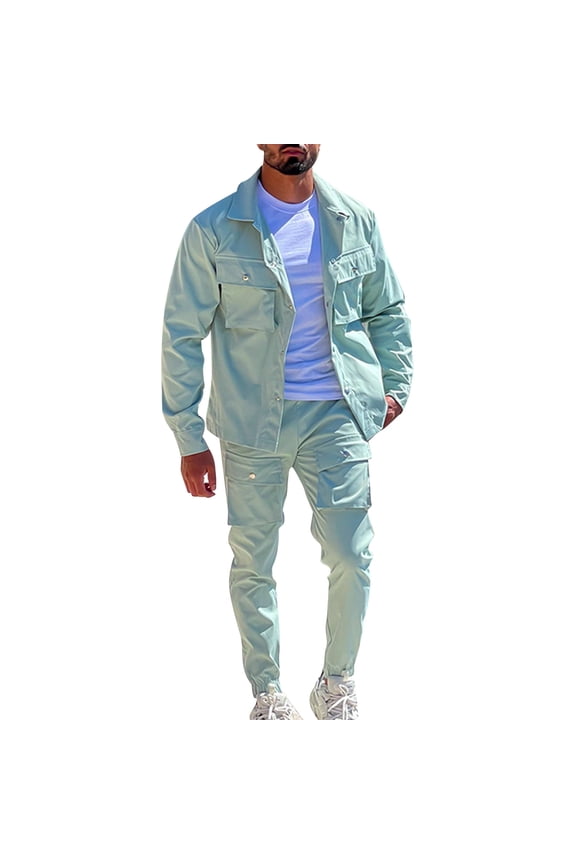 Mens Cargo Jacket Track Suit 2 Pieces Set Outfits Casual Multi Pockets Long Sleeve Button Up Jacket And Cargo Pants Set Green 3Xl