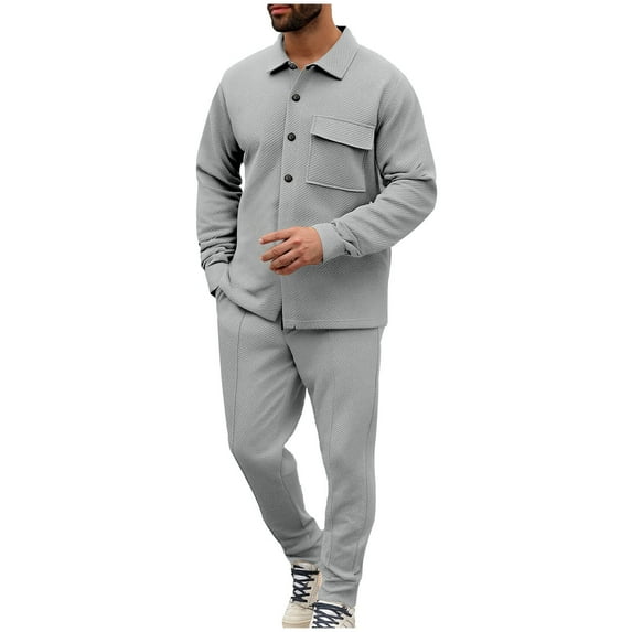 Mens Cargo Jacket Tracksuit 2 Pieces Set Casual Solid Color Long Sleeve Button Up Jacket and Work Pants Outfits