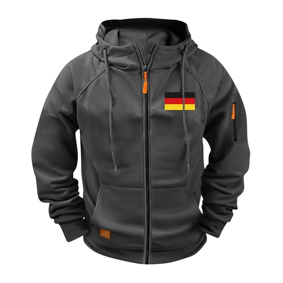 Mens Cargo Jackets Hooded Drawstring Stand Collar Front Zip Flag Print Coat Casual Sports Outwear With Multi Pockets (L, Dark Gray-A)