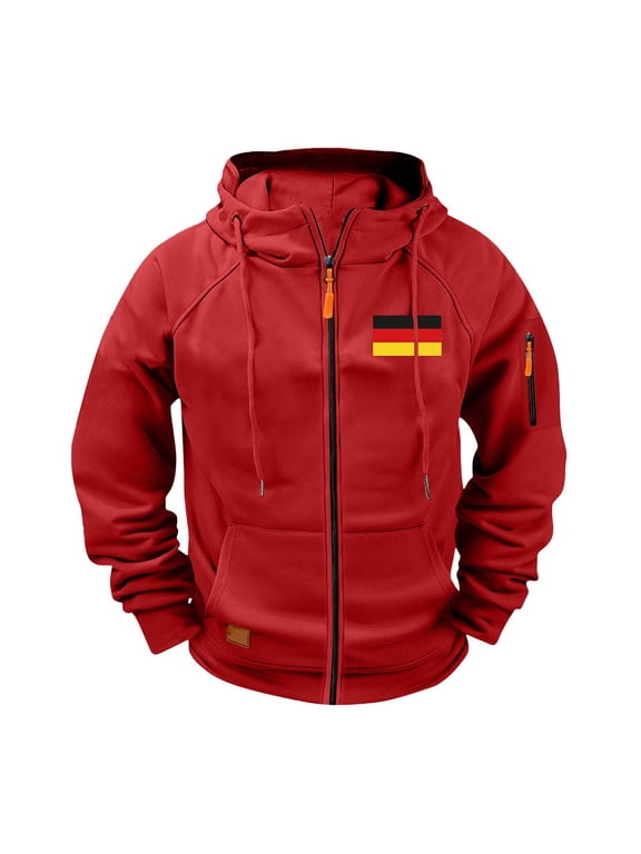 Mens Cargo Jackets Hooded Drawstring Stand Collar Front Zip Flag Print Coat Casual Sports Outwear With Multi Pockets (XL, Red-A)