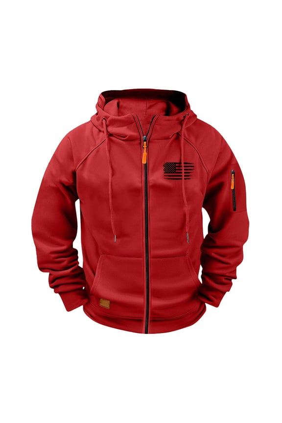 Mens Cargo Jackets Hooded Drawstring Stand Collar Front Zip Flag Print Coat Casual Sports Outwear With Multi Pockets (XXL, Red)