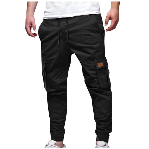 Mens Cargo Jogger Pants Elastic Drawstring Waist Utility Pockets Work Sweatpants Black 2XL