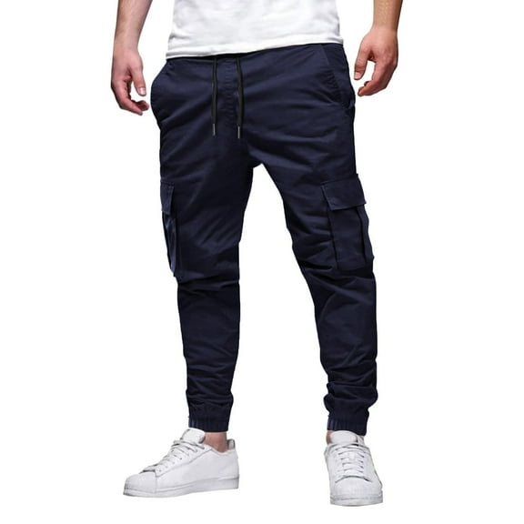 Mens Cargo Jogger Pants Elastic Waist Drawstring Slim Fit with Zipper Pockets Cotton Pants for Men
