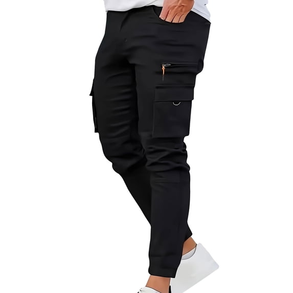 Mens Cargo Jogger Pants Slim Fit Stretch With Zipper Pockets Lightweight Cotton Tapered Pants Drawstring Elastic Waist