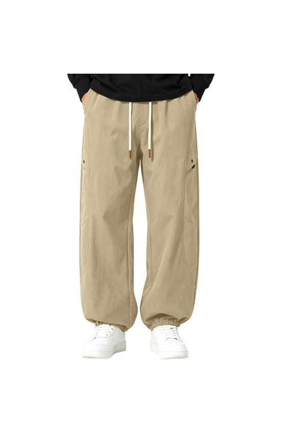 Mens Cargo Jogger Pants with Side Pocket, Elastic Drawstring Waist Loose Cuffed Ankle Strap Outdoor Hiking Walk Casual Long Trousers Size 4XL Brown-A
