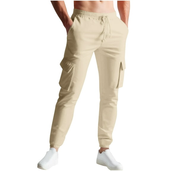 Mens Cargo Joggers Casual Drawstring Waist Jogging Pants with Pockets Cinched Bottom Fall Long Trousers L, Beige