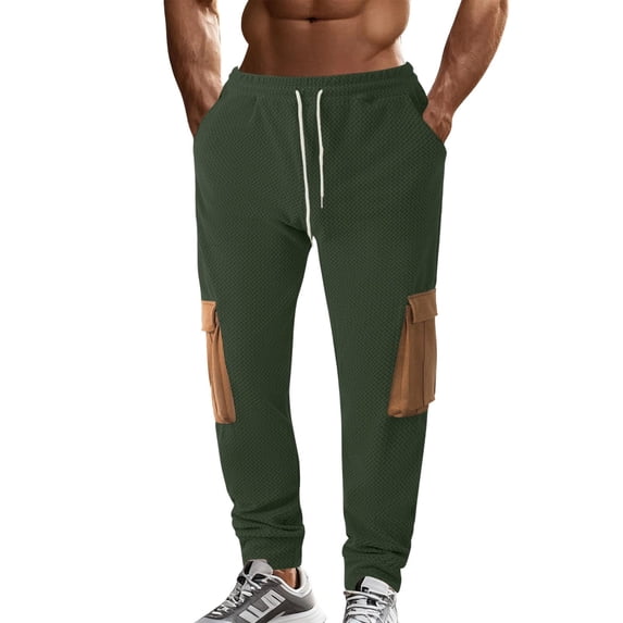 Mens Cargo Joggers Pants Stretch Elastic Waist Drawstring Tapered Sweatpants Color Block Outdoor Athletic Multi Pockets