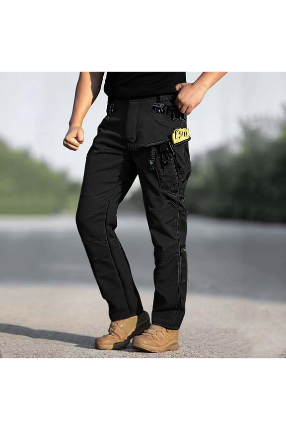 Mens Cargo Pant Winter Lined Stretch Tactical Work Trouser with Multiple Pocket Waterproof Hiking Outdoor Pant plus size cargo pants for men (Black,L)