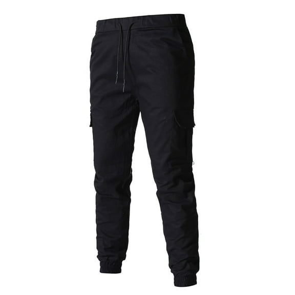 Mens Cargo Pants Autumn Winter Solid Color Elastic Drawstring Slim Sports Sweatpants Streetwear
