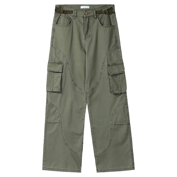 Mens Cargo Pants Baggy Loose Fit Straight Leg Multi Pocket Trousers Casual Streetwear Green Pant