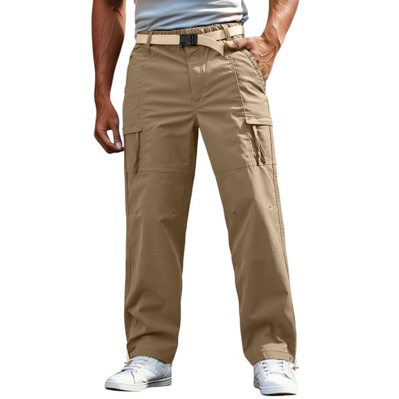 Mens Cargo Pants Big and Tall Casual Outdoor Pants Multi Pockets Straight Leg Lightweight Utility Hiking Khaki S