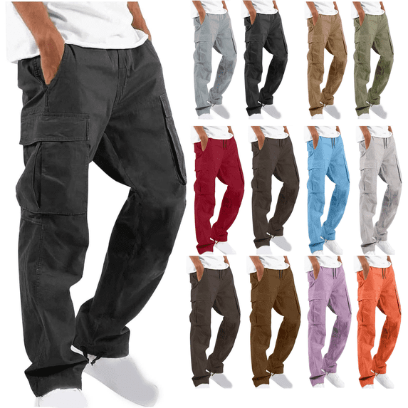 Mens Cargo Pants under $5 Big and Tall Pants Men Solid Casual Multiple Pockets Outdoor Straight Type Fitness Pants Cargo Pants Trousers