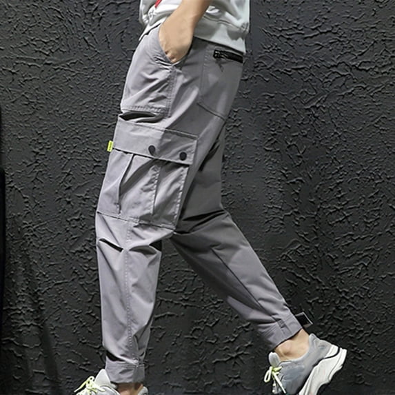 Mens Cargo Pants Big and Tall Plus Size Drawstring Tapered Work Trousers Multi Pockets Casual Solid Relaxed Elastic Waist Hiking Pant L-5X