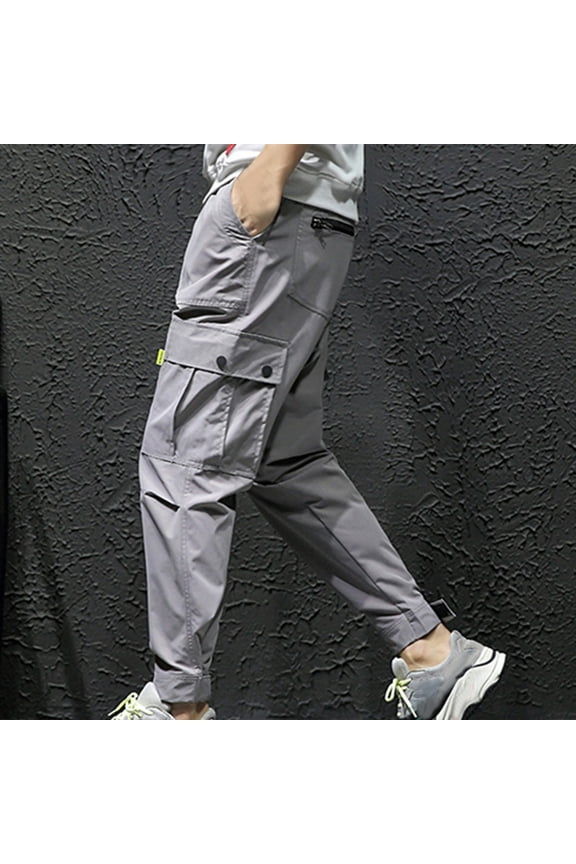 Mens Cargo Pants Big and Tall Plus Size Drawstring Tapered Work Trousers Multi Pockets Casual Solid Relaxed Elastic Waist Hiking Pant L-5X