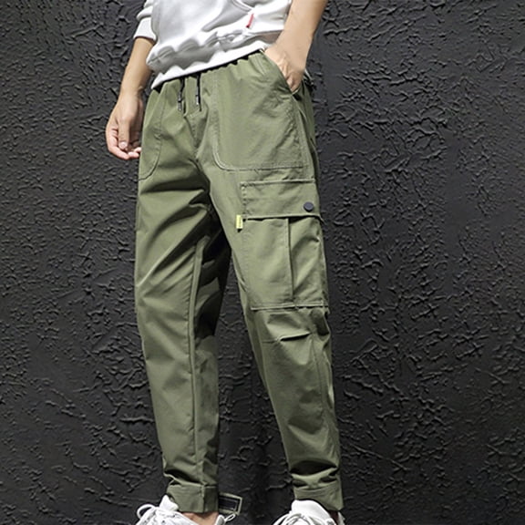 Mens Cargo Pants Big and Tall Plus Size Drawstring Tapered Work Trousers Multi Pockets Casual Solid Relaxed Elastic Waist Hiking Pant L-5X