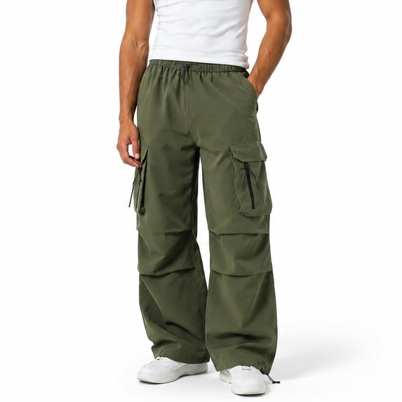 Mens Cargo Pants Casual Baggy Drawstring Pants Relaxed Fit Parachute Pant Hop Harem Pants with Pockets Army Green L