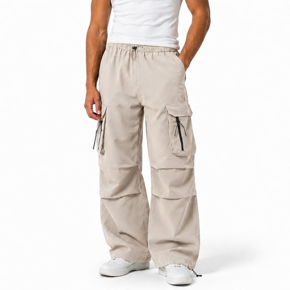 Mens Cargo Pants Casual Baggy Drawstring Pants Relaxed Fit Parachute Pant Hop Harem Pants with Pockets Khaki L
