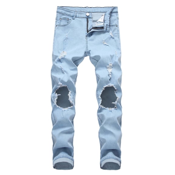 Mens Cargo Pants Casual Cotton Straight Ripped Hole Trousers Jeans Pants Full Length Pants Spring/Summer Pants for Men Light Blue L