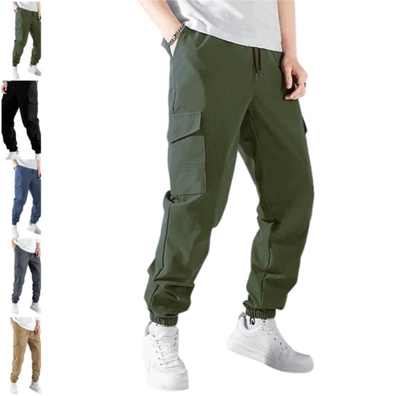 Mens Cargo Pants Casual Lightweight Elastic Waist Joggers Drawstring Baggy Comfy Workout Hiking Pants Multi Pockets Army Green XL