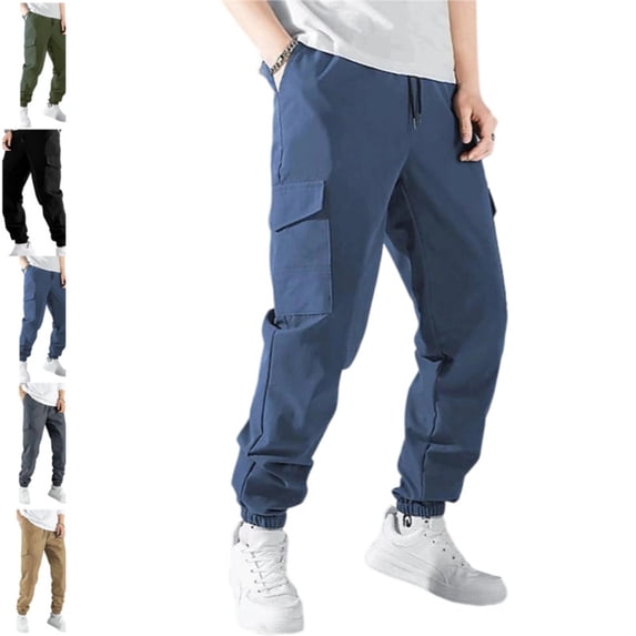 Mens Cargo Pants Casual Lightweight Elastic Waist Joggers Drawstring Baggy Comfy Workout Hiking Pants Multi Pockets Blue M