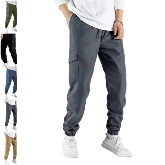 Mens Cargo Pants Casual Lightweight Elastic Waist Joggers Drawstring Baggy Comfy Workout Hiking Pants Multi Pockets Gray XL