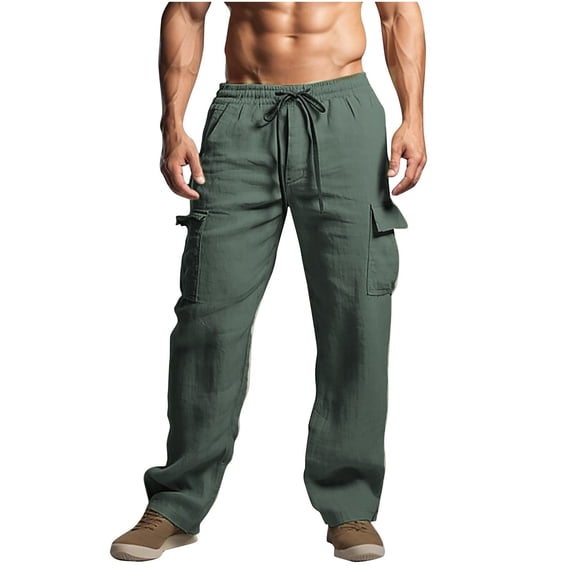 Mens Cargo Pants Cotton Linen Summer Lightweight Breathable Multi-Pockets Elastic Waist Trousers Fathers Gift