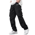 thumbnail image 1 of Mens Cargo Pants Drawstring Elastic Waist Straight Leg Multi Pockets Trousers Casual Loose Stylish Work Pant (M, Black), 1 of 9