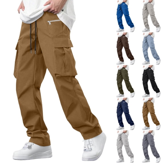 Mens Cargo Pants Drawstring Elastic Waist Straight Leg Multi Pockets Trousers Casual Loose Stylish Work Pant (XL, Khaki)