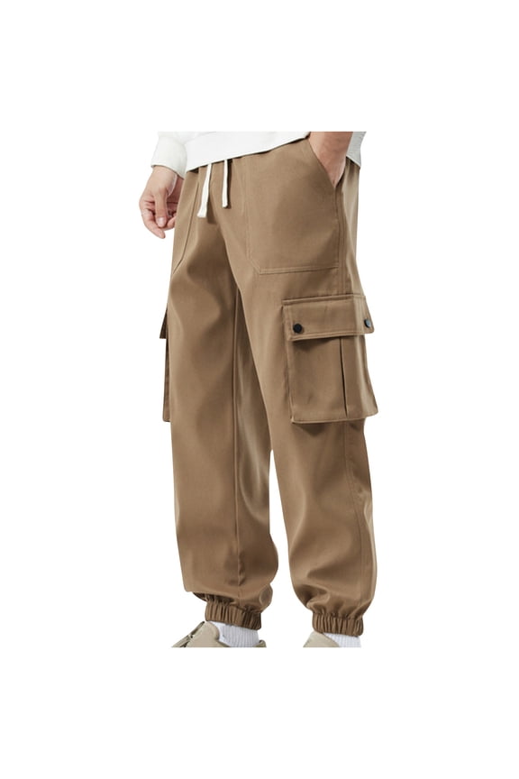 Mens Cargo Pants Drawstring Outdoors Solid Casual Elastic Waist Pocket Pull On Workwear Pants Khaki