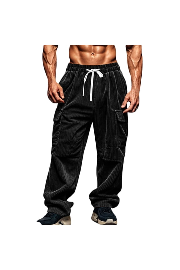 Mens Cargo Pants Drawstring Solid Casual Elastic Strap Outdoor Fitness Pants Cargo Pants Trousers Black