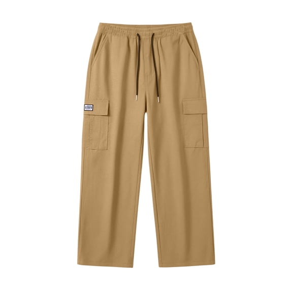 Mens Cargo Pants Elastic Drawstring Waist Wide Leg Pants Loose Casual Multi-Pocket Khaki M