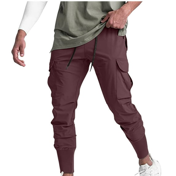 Mens Cargo Pants Elastic Tight Fitting Ankle Trousers Casual Sports Breathable Joggers Pant Solid Color Workout Exercise Long Pant Waist Drawstring Regular Work Pants