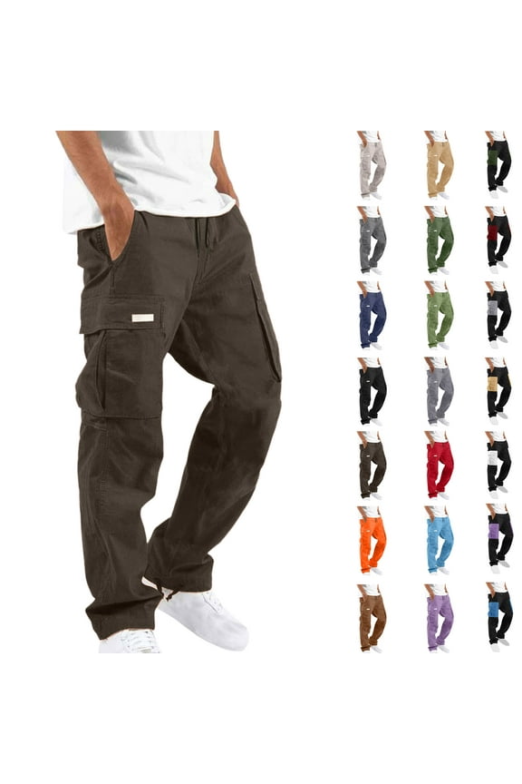 Mens Cargo Pants Elastic Waist Drawstring Stretch Loose Joggers Work Pants Solid Casual Outdoor Pants with Multi Pockets