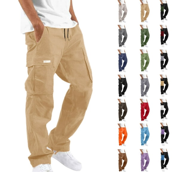 Mens Cargo Pants Elastic Waist Drawstring Stretch Loose Joggers Work Pants Solid Casual Outdoor Pants with Multi Pockets