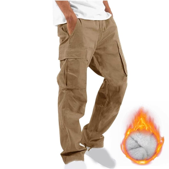 Mens Cargo Pants Fleece Lined Big and Tall Work Pants Casual Drawstring Elastic Waist Trousers Solid Color Outdoor Pants with Pockets