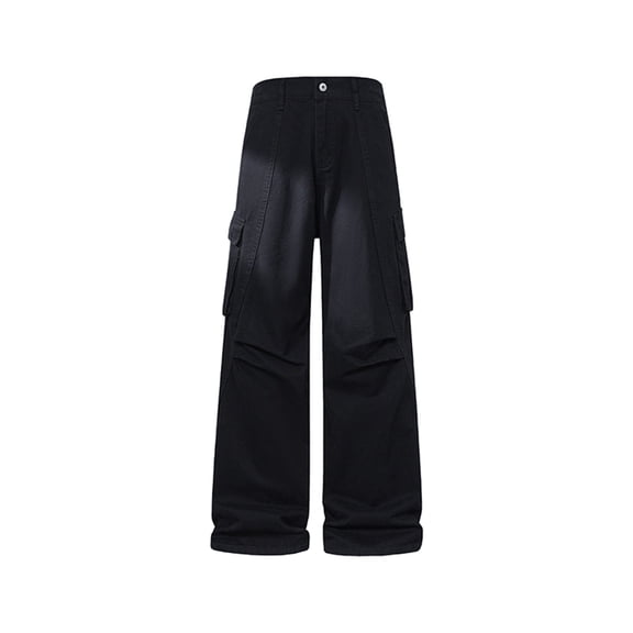 Mens Cargo Pants High Waisted Straight Leg Y2K Streetwear Fashion Solid Color Casual Outdoor Sports Button Waist Multiple Pockets Straight Cylinder Workwear Pants Black S