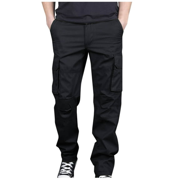 Mens Cargo Pants Hook And Loop Fastener Fallow Elasticated Waist Lace-up Multi-pocket Strap Leg Cargo Sweatpants Pantalones Para Hombre Black 5XL