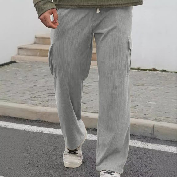 Mens Cargo Pants Loose Waist Relaxed Fit Outdoor Elastic Bottom Pants Athletic Drawstring Multiple Pockets Joggers Pants Casual Straight Leg Pleated Dress Pants